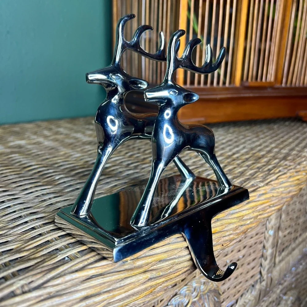 Chrome Reindeer Stocking Hanger Silver Mantle  Hook  Modern Christmas Decor